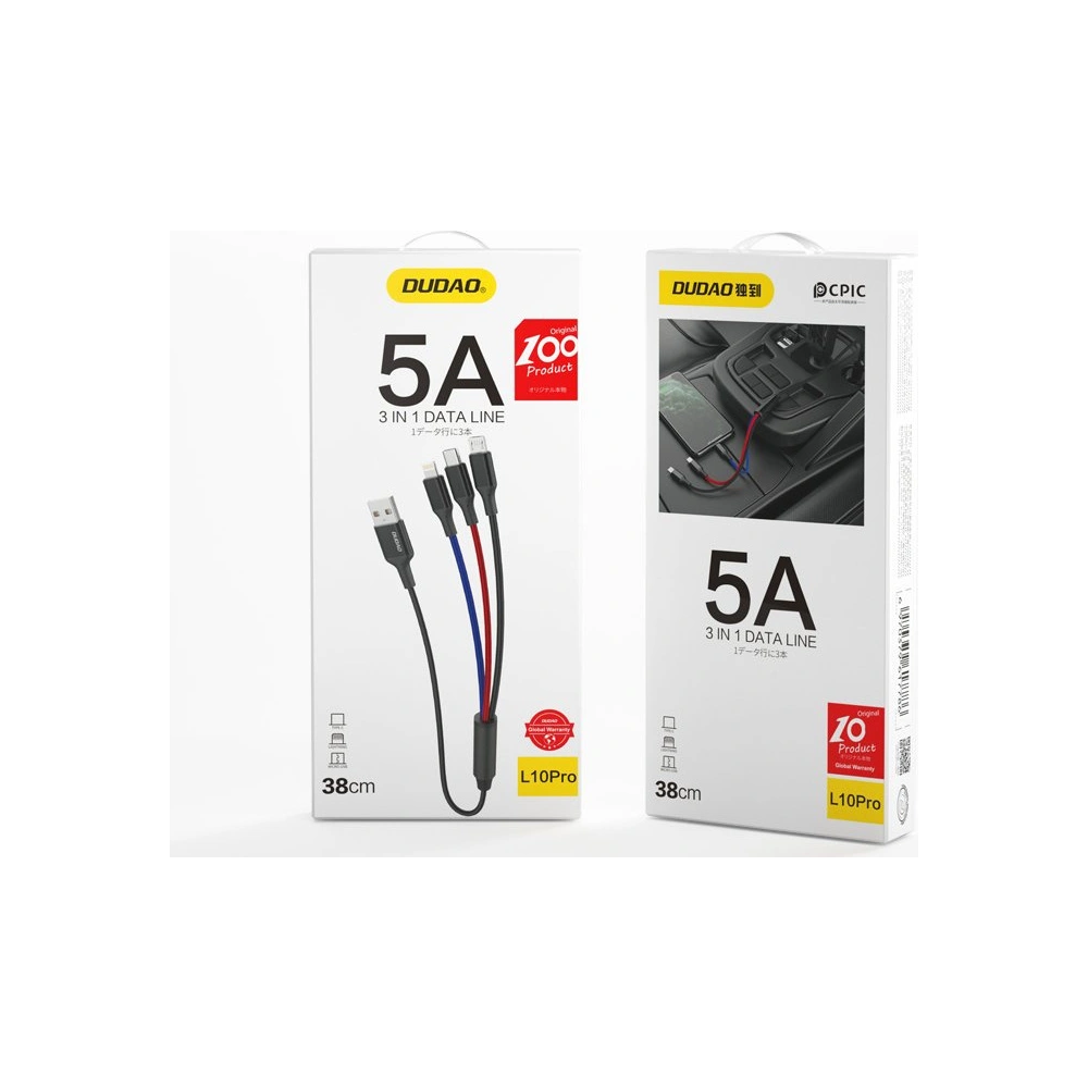 Kabel Dudao 3w1 USB - Lightning/USB-C/microUSB 5A 38cm czarny (L10pro)