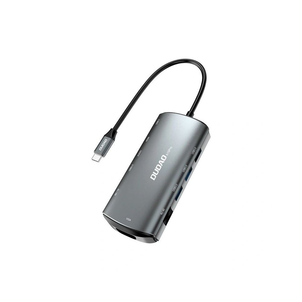 Hub Dudao 11w1 USB-C - USB-C PD 60 W/HDMI/3,5 mm mini jack/USB 2.0/czytnik kart/VGA/RJ45/3x USB 3.2 Gen 1 szary (A15Pro)