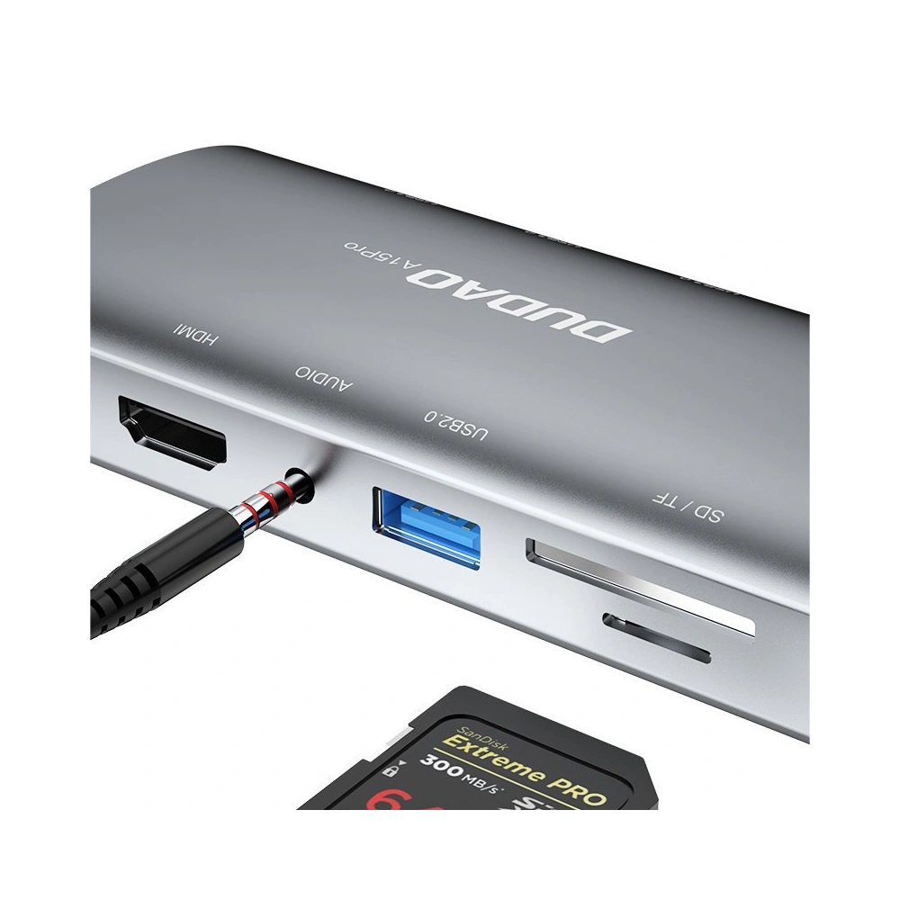 Hub Dudao 11w1 USB-C - USB-C PD 60 W/HDMI/3,5 mm mini jack/USB 2.0/czytnik kart/VGA/RJ45/3x USB 3.2 Gen 1 szary (A15Pro)