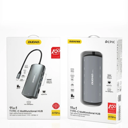 Kup Hub Dudao 11w1 USB-C - USB-C PD 60 W/HDMI/3,5 mm Mini-Klinke/USB 2.0/Kartenleser/VGA/RJ45/3x USB 3.2 Gen 1 grau (A15Pro) - DDA66 - {ean13} - Sklep Home Screen