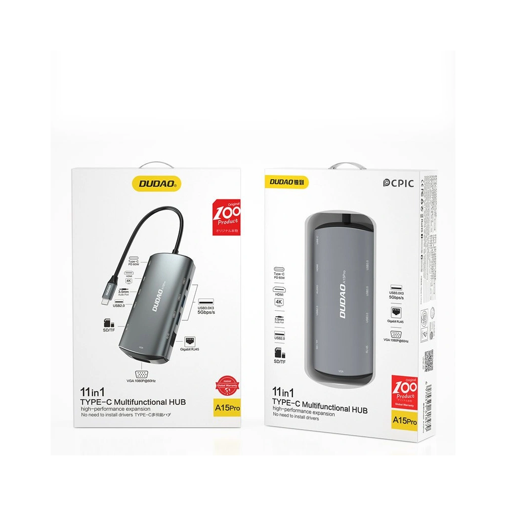 Hub Dudao 11w1 USB-C - USB-C PD 60 W/HDMI/3,5 mm mini jack/USB 2.0/czytnik kart/VGA/RJ45/3x USB 3.2 Gen 1 szary (A15Pro)