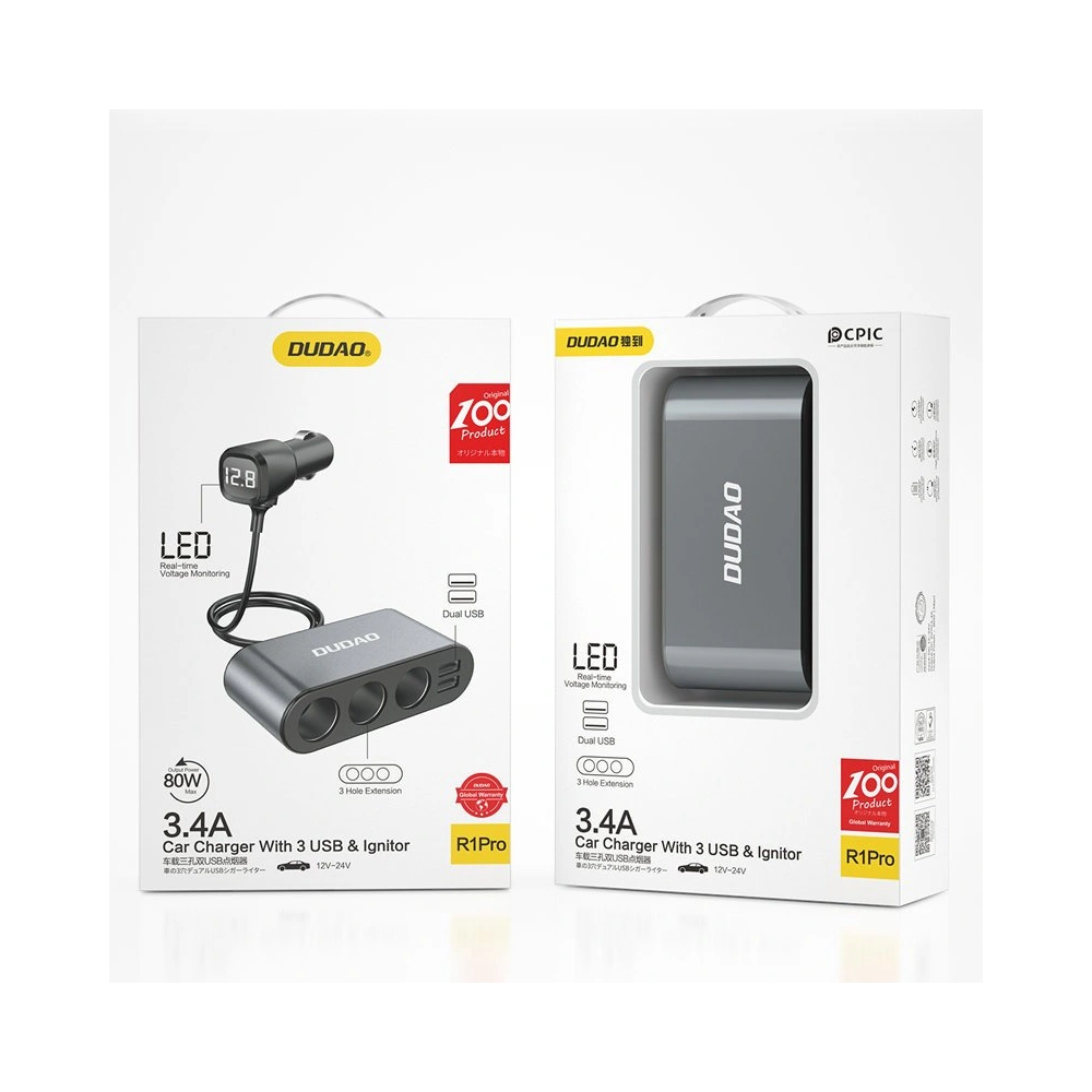 Ładowarka samochodowa Dudao 2xUSB/3x rozdzielacz gniazda zapalniczki czarny (R1Pro)