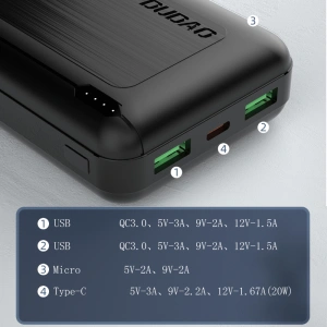 Powerbank Dudao 20000mAh Power Delivery 20W Quick Charge 3.0 2xUSB/USB-C biały (K12PQ+)