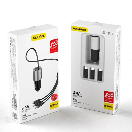 Kup Auto nabíječka Dudao 3w1 USB 3,4 A s vestavěným kabelem Lightning/USB-C/microUSB černá (R5ProN) - DDA111 - {ean13} - Sklep Home Screen