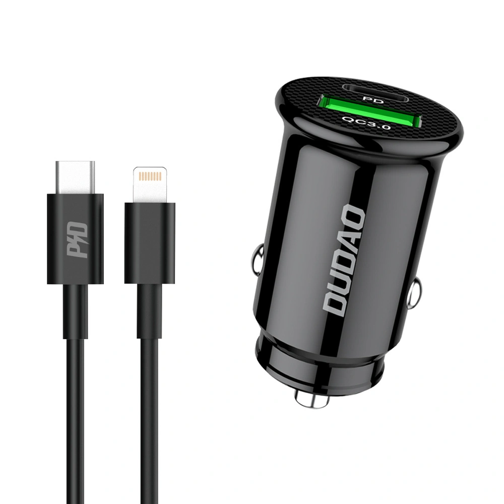 Dudao fast car charger with USB ports QC3.0 + Type C PD black + USBC