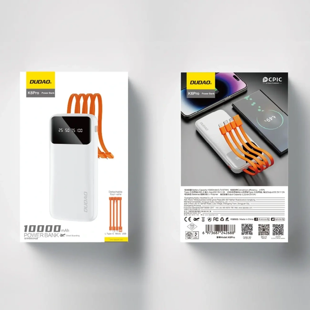 Powerbank Dudao 10000mAh z kablem USB, USB-C, Lightning biały (K6Pro)