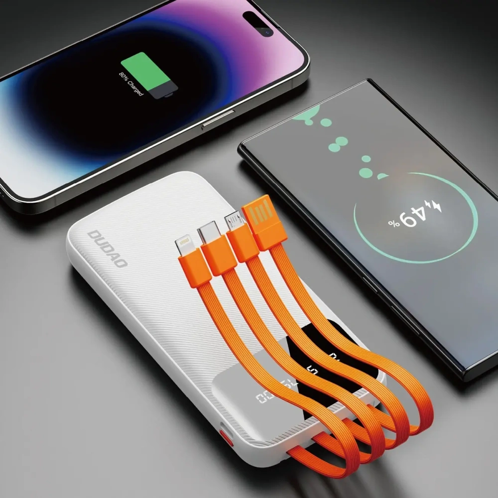 Powerbank Dudao 10000mAh z kablem USB, USB-C, Lightning biały (K6Pro)
