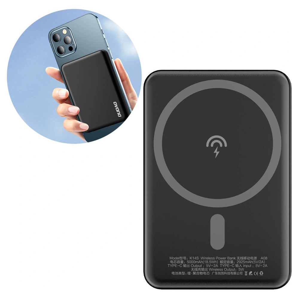 Powerbank z ładowaniem bezprzewodowym Dudao MagSafe 5000mAh + pierścień do ładowania magnetycznego czarny (K14S)