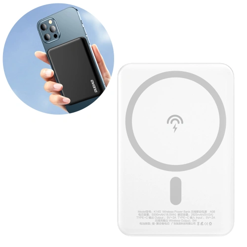 Kup Powerbank s bezdrátovým nabíjením Dudao MagSafe 5000mAh + magnetický nabíjecí kroužek bílý (K14S) - DDA177 - {ean13} - Sklep Home Screen