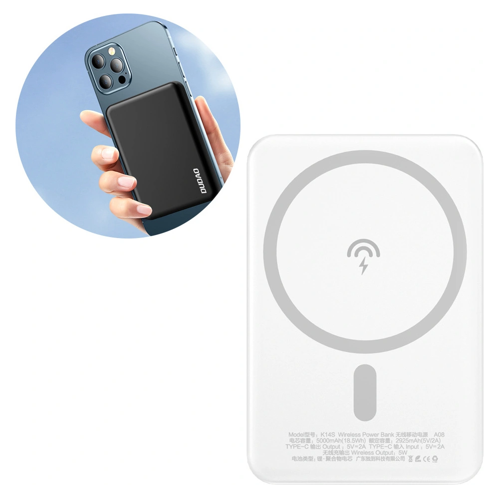 Powerbank z ładowaniem bezprzewodowym Dudao MagSafe 5000mAh + pierścień do ładowania magnetycznego biały (K14S)