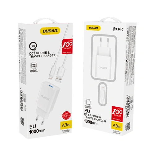 Kup Hálózati töltő Dudao USB QC3.0 12W fehér + Lightning kábel 1m (A3EU) - DDA178 - {ean13} - Sklep Home Screen