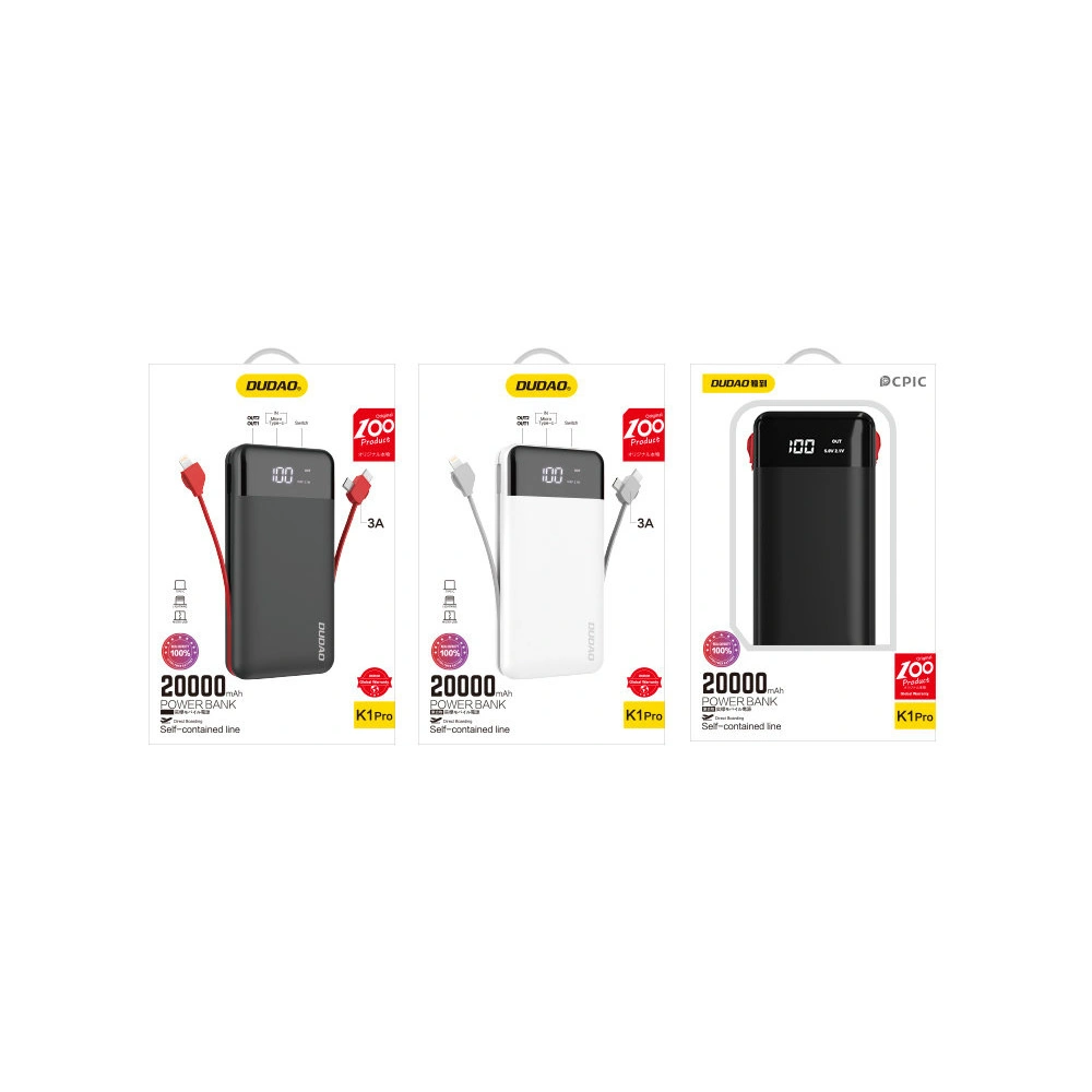 Powerbank Dudao 20000mAh z wbudowanymi kablami biały (K1Pro)