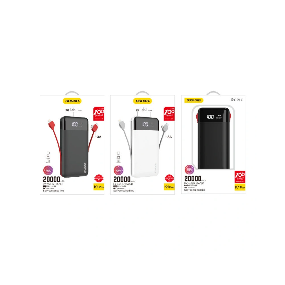 Powerbank Dudao 20000mAh z wbudowanymi kablami czarny (K1Pro)