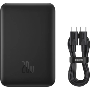 Powerbank Baseus Magnetic Mini 10000mAh 20W czarny + kabel USB-C/USB-C 60W (20V/3A) 0,5m czarny