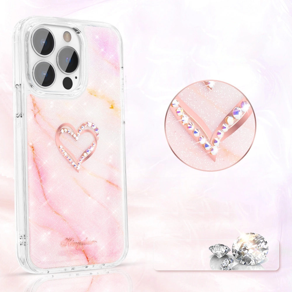 Etui Kingxbar Epoxy Swarovski Apple iPhone 13 Pro Max marmurowy różowy