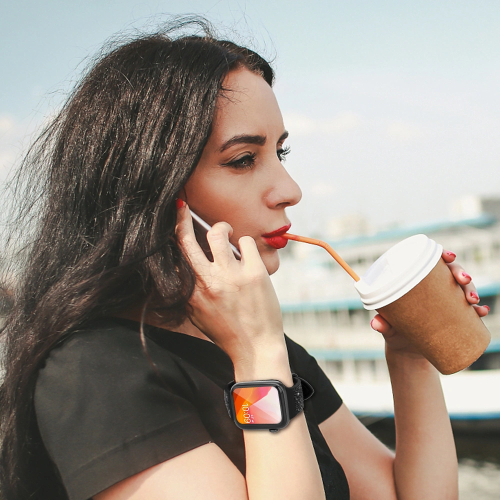 Kingxbar Crystal Fabric Band Apple Watch 4/5/6/7/SE/8/9/Ultra 44/45/49mm czarny