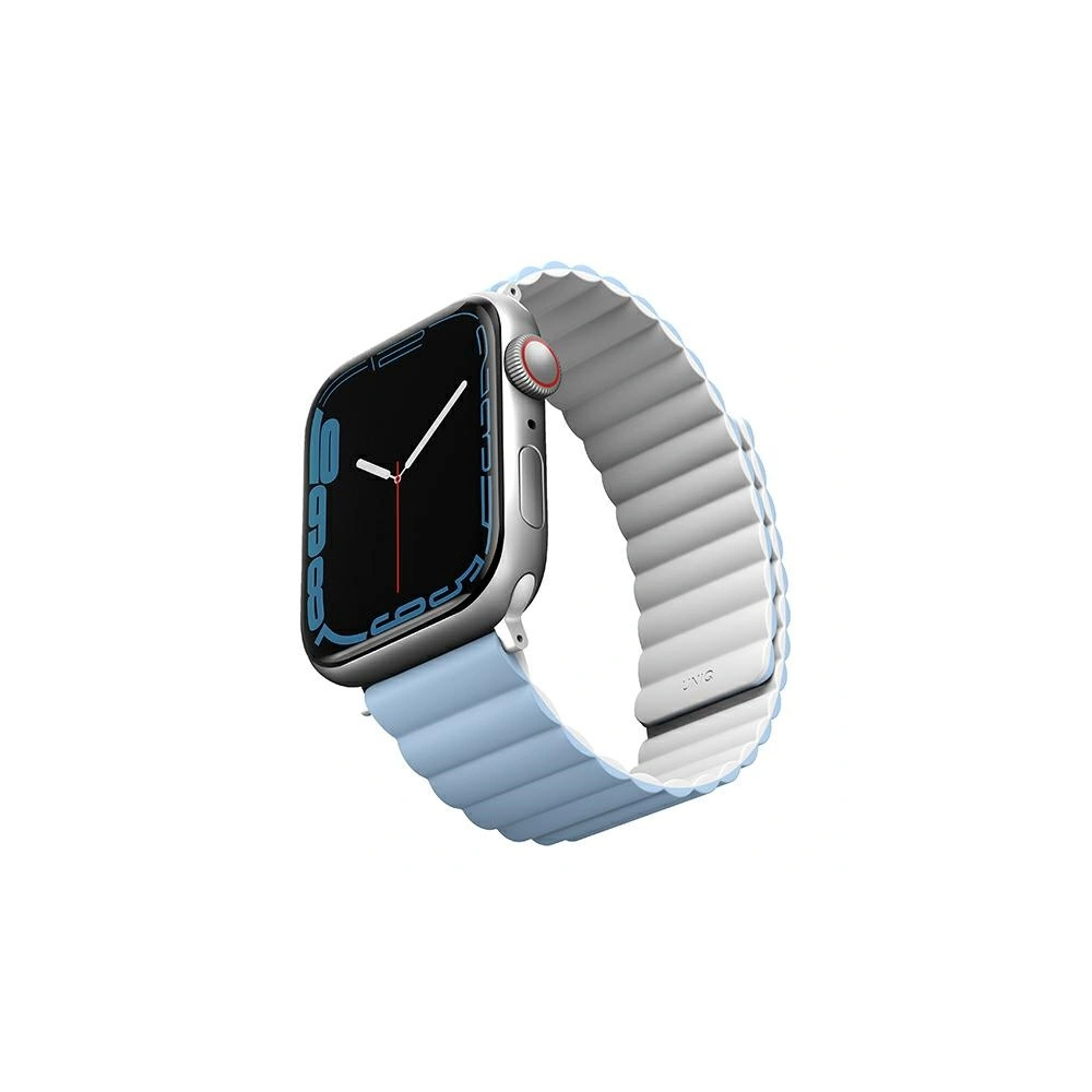 Pasek UNIQ Revix Apple Watch 4/5/6/7/SE/8/9/Ultra 44/45/49mm Reversible Magnetic biały-niebieski/white-blue