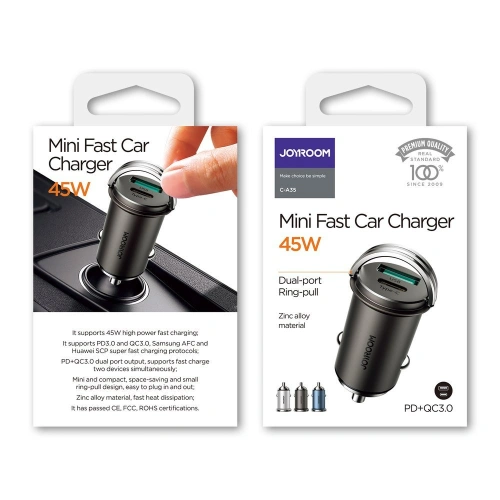 Kup Ładowarka samochodowa Joyroom USB/USB-C 45W 5A Power Delivery Quick Charge 3.0 AFC SCP szary (C-A35) - JYR97 - {ean13} - Sklep Home Screen