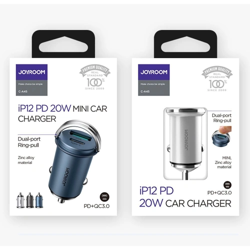 Kup Ładowarka samochodowa Joyroom USB/USB-C 20W 5A Power Delivery Quick Charge 3.0 AFC SCP szary (C-A45) - JYR99 - {ean13} - Sklep Home Screen