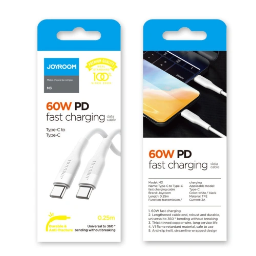 Buy Joyroom USB-C - USB-C cable Power Delivery 60W 3A 0.25m black (S-02530M3 Black) - JYR224 - {ean13} - Home Screen Store Europe