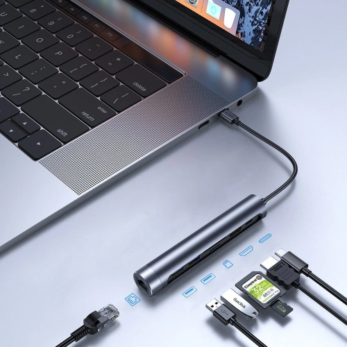 Kup HUB Joyroom 7w1 USB-C 100W/HDMI 4K 30 Hz/RJ-45/SD- und microSD-Kartenleser/2x USB 3.0 (S-H111) - JYR239 - {ean13} - Sklep Home Screen