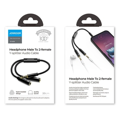 Kup Kabel Joyroom AUX-Verteiler 3,5mm Mini-Klinke (männlich)/2x 3,5mm Mini-Klinke (weiblich) 0,2m schwarz (SY-A04) - JYR251 - {ean13} - Sklep Home Screen