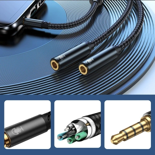 Kup Kabel Joyroom distribuitor AUX 3,5mm mini jack (masculin)/2x 3,5mm mini jack (feminin) 0,2m negru (SY-A04) - JYR251 - {ean13} - Sklep Home Screen