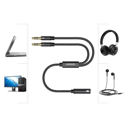 Kup Kabel Joyroom AUX-Verteiler 3,5mm Mini-Jack (weiblich)/2x 3,5mm Mini-Jack (männlich - Mikrofon und Kopfhörer) 0,2m schwarz (SY-A05) - JYR252 - {ean13} - Sklep Home Screen