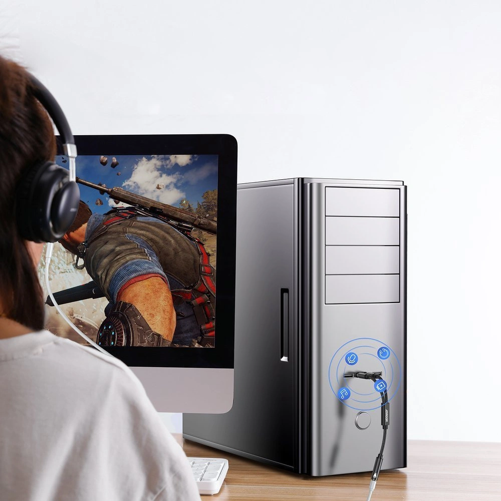 Kabel Joyroom rozdzielacz AUX 3,5mm mini jack (żeński)/2x 3,5mm mini jack (męski - mikrofon i słuchawki) 0,2m czarny (SY-A05)