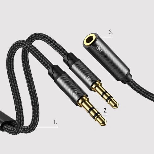Kup Kabel Joyroom AUX-Verteiler 3,5mm Mini-Jack (weiblich)/2x 3,5mm Mini-Jack (männlich - Mikrofon und Kopfhörer) 0,2m schwarz (SY-A05) - JYR252 - {ean13} - Sklep Home Screen