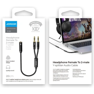 Kabel Joyroom rozdzielacz AUX 3,5mm mini jack (żeński)/2x 3,5mm mini jack (męski - mikrofon i słuchawki) 0,2m czarny (SY-A05)