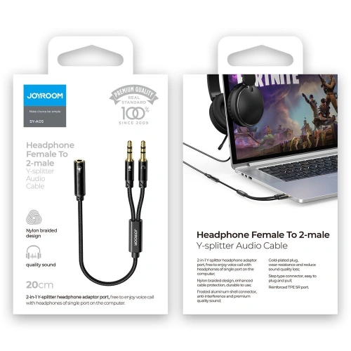 Kup Kabel Joyroom AUX-Verteiler 3,5mm Mini-Jack (weiblich)/2x 3,5mm Mini-Jack (männlich - Mikrofon und Kopfhörer) 0,2m schwarz (SY-A05) - JYR252 - {ean13} - Sklep Home Screen