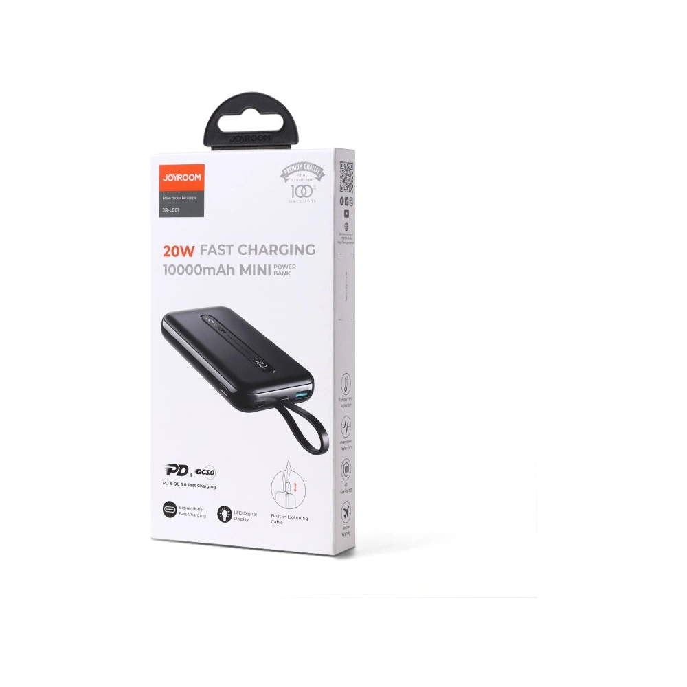 Powerbank Joyroom Linglong 10000mAh 20W Power Delivery Quick Charge USB/USB-C/wbudowany kabel USB-C czarny (JR-L001 black)