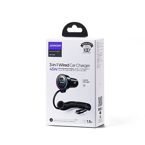 Buy Joyroom 3 in 1 Fast Car Charger with 1.5m 45W Lightning Cable Black (JR-CL08) - JYR359 - {ean13} - Home Screen Store Europe