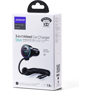 Kup Ładowarka samochodowa Joyroom 3w1 + kabel USB-C 1,5m 55W czarny (JR-CL07) - JYR360 - {ean13} - Sklep Home Screen