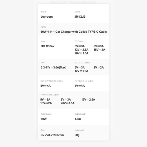 Kup Încărcător auto Joyroom 4 în 1 PD, QC3.0, AFC, FCP + cablu USB-C 1,6m 60W negru (JR-CL19) - JYR448 - {ean13} - Sklep Home Screen