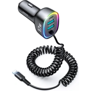 Autós töltő Joyroom 4w1 PD, QC3.0, AFC, FCP + 1,6m-es Lightning kábel 57W fekete (JR-CL20)