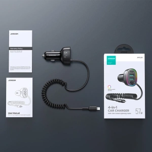 Autós töltő Joyroom 4w1 PD, QC3.0, AFC, FCP + 1,6m-es Lightning kábel 57W fekete (JR-CL20)