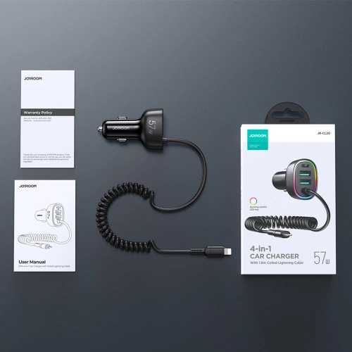 Kup Încărcător auto Joyroom 4in1 PD, QC3.0, AFC, FCP + cablu Lightning 1,6m 57W negru (JR-CL20) - JYR449 - {ean13} - Sklep Home Screen