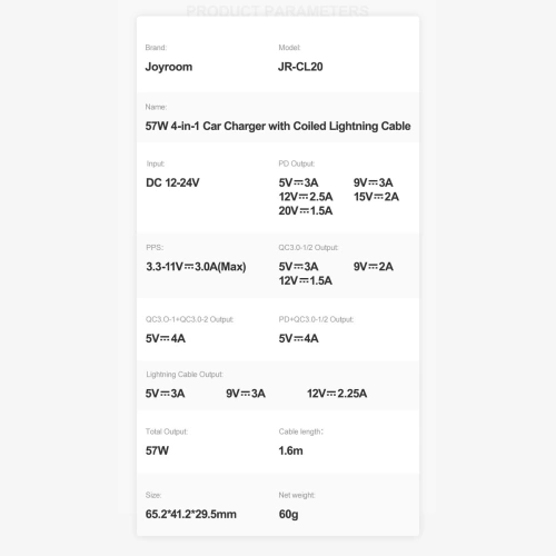 Kup Încărcător auto Joyroom 4in1 PD, QC3.0, AFC, FCP + cablu Lightning 1,6m 57W negru (JR-CL20) - JYR449 - {ean13} - Sklep Home Screen