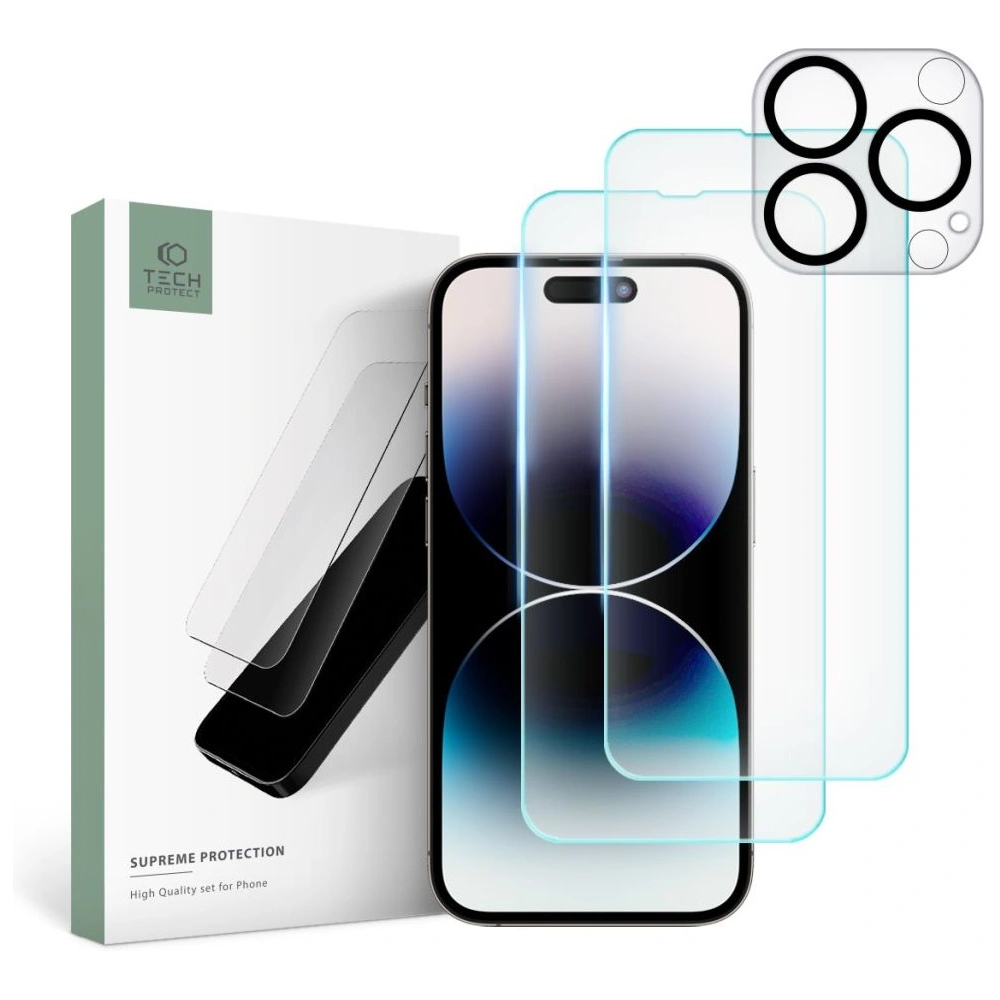 Szkło hartowane + na obiektywy aparatu Tech-Protect Supreme Set Apple iPhone 14 Pro Max Clear [2+1 PACK]