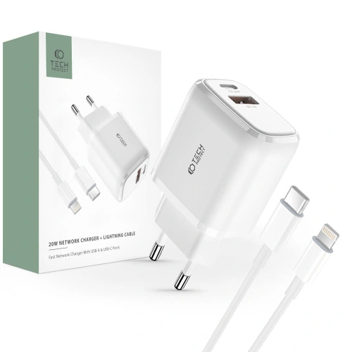 Kup Încărcător de rețea Tech-Protect C20w Încărcător de rețea cu 2 porturi PD 20W QC 3.0 + cablu Lightning Alb - THP1535 - {ean13} - Sklep Home Screen
