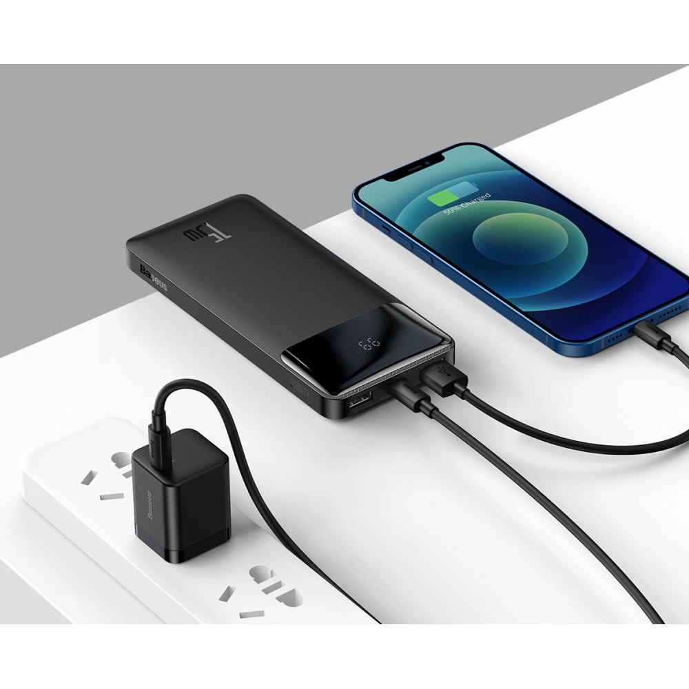 Powerbank Baseus Bipow Display 10000mAh 15W czarny (Overseas Edition) + kabel USB-A/microUSB 0.25m czarny
