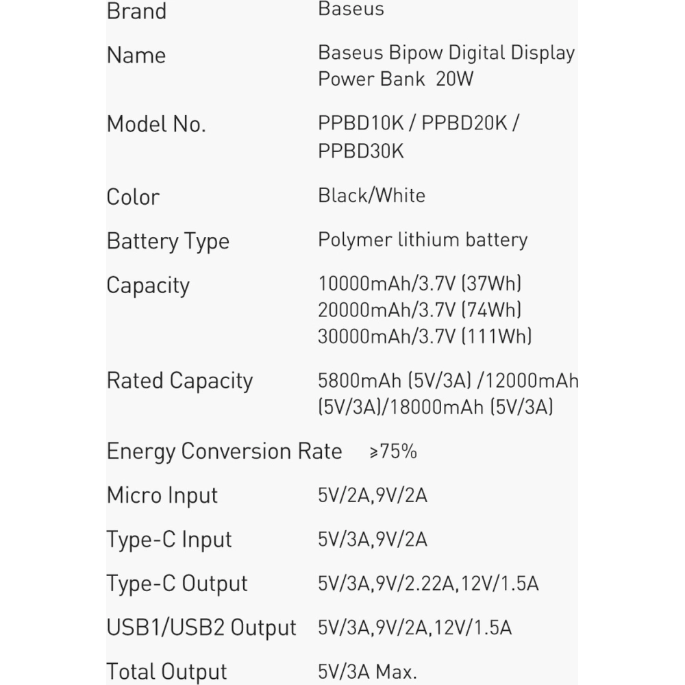 Powerbank Baseus Bipow 10000mAh 20W biały (Overseas Edition) + kabel USB-A/microUSB 0.25m biały