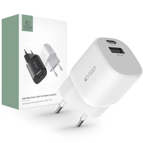Kup Încărcătorul de rețea Tech-Protect C20W Mini încărcător de rețea cu 2 porturi PD 20W QC 3.0 Alb - THP1554 - {ean13} - Sklep Home Screen