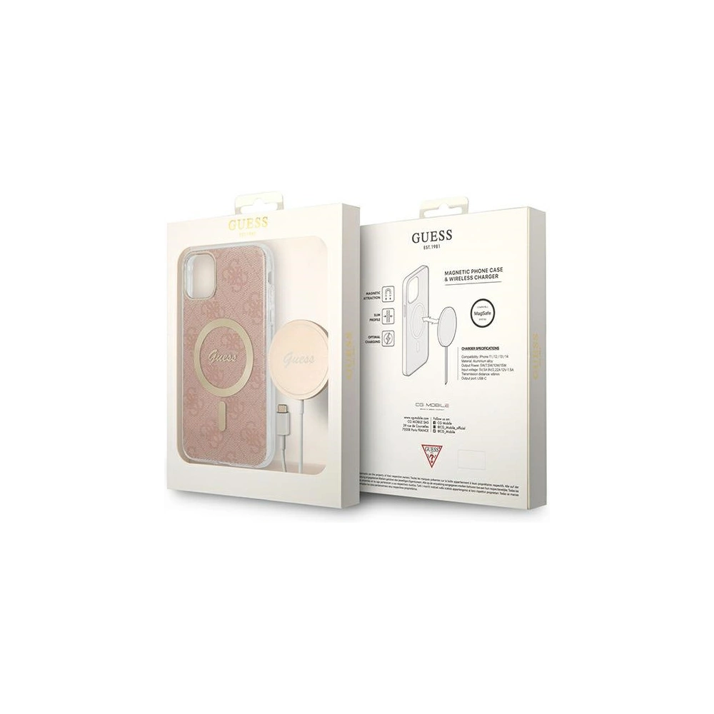 Zestaw Guess etui + ładowarka bezprzewodowa GUBPN61H4EACSP Apple iPhone 11 różowy/pink hard case 4G Print MagSafe