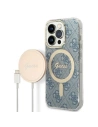 Sada Guess pouzdro + bezdrátová nabíječka GUBPP14LH4EACSB Apple iPhone 14 Pro modrá/blue hard case 4G Print MagSafe
