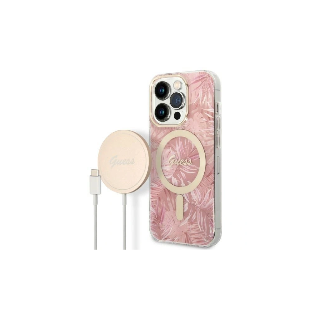 Zestaw Guess etui + ładowarka bezprzewodowa GUBPP14LHJEACSP Apple iPhone 14 Pro różowy/pink hard case Jungle MagSafe
