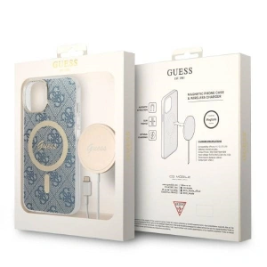 Zestaw Guess etui + ładowarka bezprzewodowa GUBPP14MH4EACSB Apple iPhone 14 Plus / 15 Plus niebieski/blue hard case 4G Print MagSafe