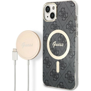 Zestaw Guess etui + ładowarka bezprzewodowa GUBPP14MH4EACSK Apple iPhone 14 Plus / 15 Plus czarny/black hard case 4G Print MagSafe